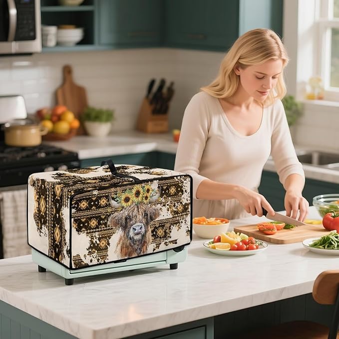 Convection Toaster Oven Cover with Pockets, Easy to Clean, Smart Microwave Baking Oven Dust Cover for Countertop, M, Aztec Highland Cow Sunflower Tribal Pattern