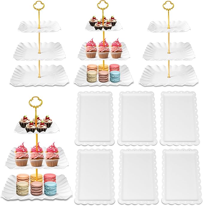 10 Pack Dessert Table Display Set - 4 x Three-Tier Square Cupcake Stands and 6 x Serving Trays, Elegant Tableware for Cakes, Cupcakes, Pastries, and Snacks, Perfect for Parties (White)