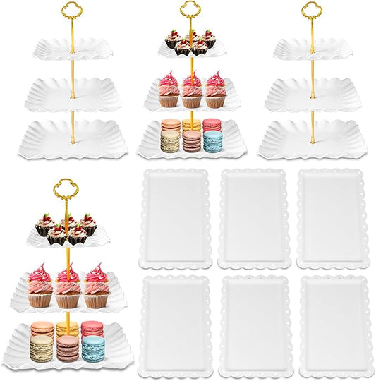 10 Pack Dessert Table Display Set - 4 x Three-Tier Square Cupcake Stands and 6 x Serving Trays, Elegant Tableware for Cakes, Cupcakes, Pastries, and Snacks, Perfect for Parties (White)