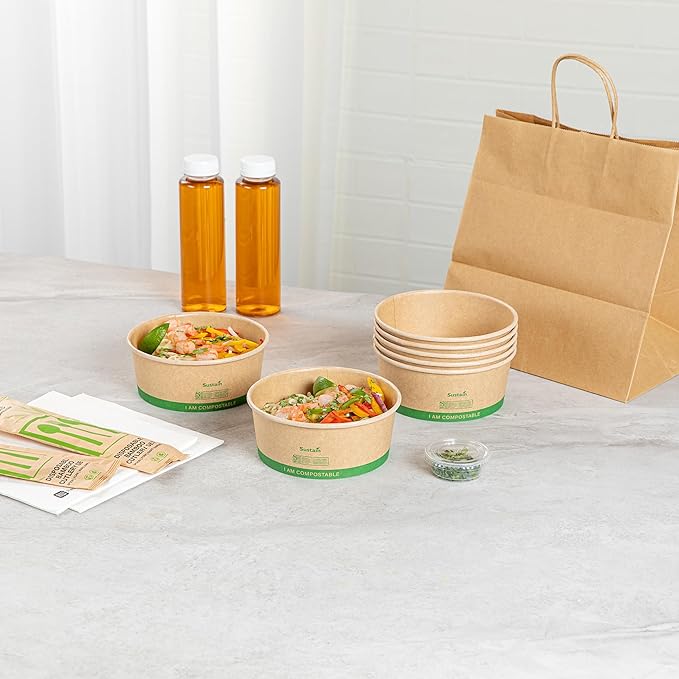 Restaurantware Paper Food Containers 50 Pack Of 25 oz Disposable Round Kraft Salad Bowls BPI-Certified Compostable Stackable Greaseproof Meal Prep Take Out Containers For Soups, Snacks And Desserts