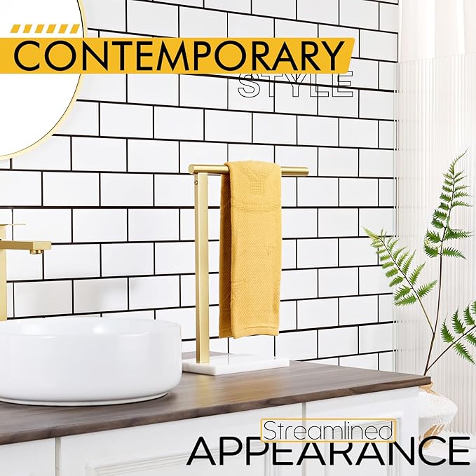 KOKOSIRI Hand Towel Rack Standing Towel Bar with Steady Marble Base for Bathroom Vanity Countertop, Brushed Gold Stainless Steel 15.7'' Height THS0006-BG