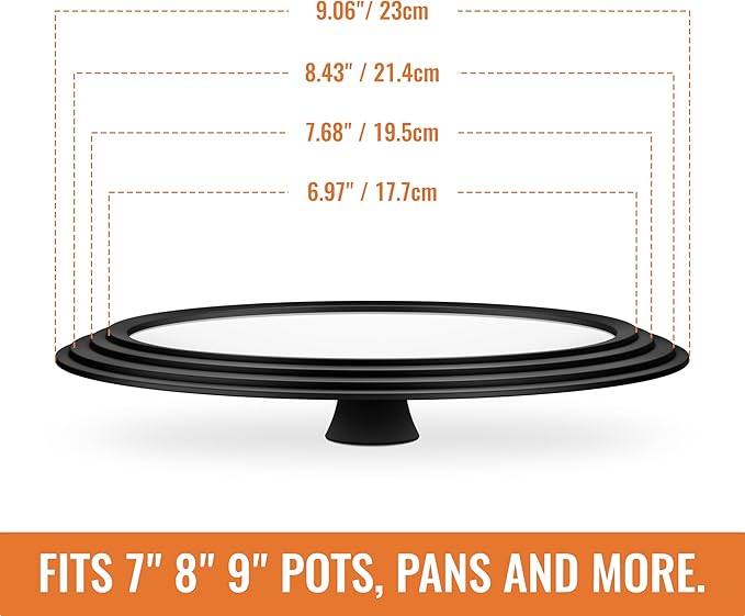 Universal Lids for Pots, Pans and Skillets, 7", 8" and 9" Pan Lid, Tempered Glass Pot Lid with Silicone Rim Heat Resistant, Replacement Pan Cover for Frying, Cookware & Bakeware Lids, Black