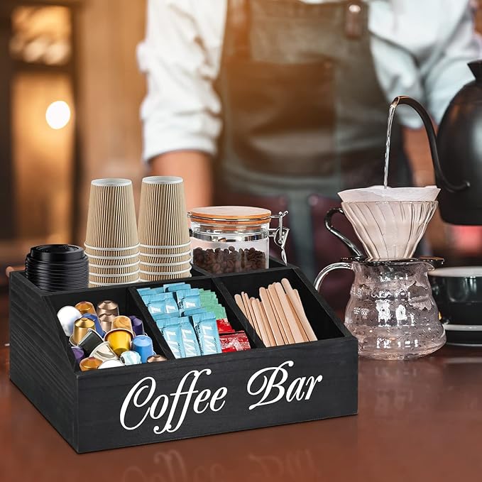 ugiftt Coffee Station Organizer for Counter, Wood Coffee Pods Holder Storage Basket, Tea Condiment Storage Organizer, Rustic Coffee Bar Decor for Coffee Accessories Organizer