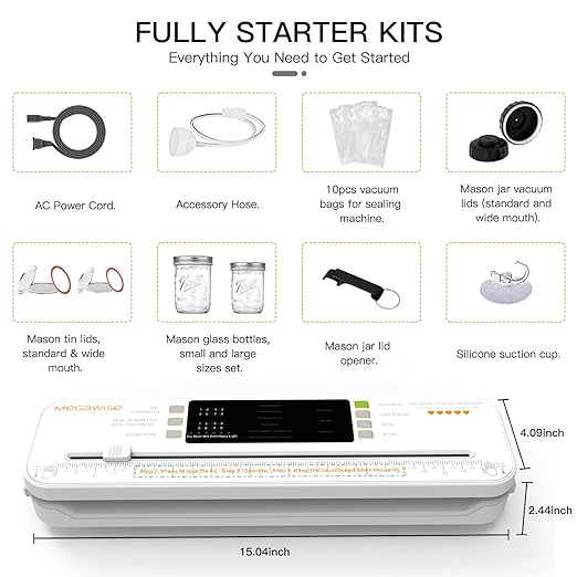 MEGAWISE Food Vacuum Sealer for Food Preservation, Freezer Storage & Meal Prep, Dry & Moist Modes, Built-in Cutter Compact, White