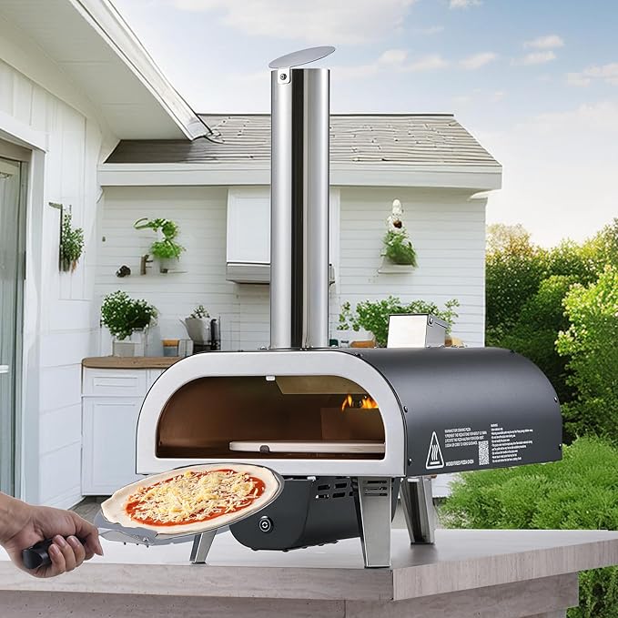 VEVOR Wood-Fired Pizza Oven Outdoor, 12" Auto Rotate Pizza Ovens, Portable Pellet Pizza Maker with Thermometer & Electric Rotating System, Pizza Stone, Carry Bag & Shovel for Backyard, Patio, Camping