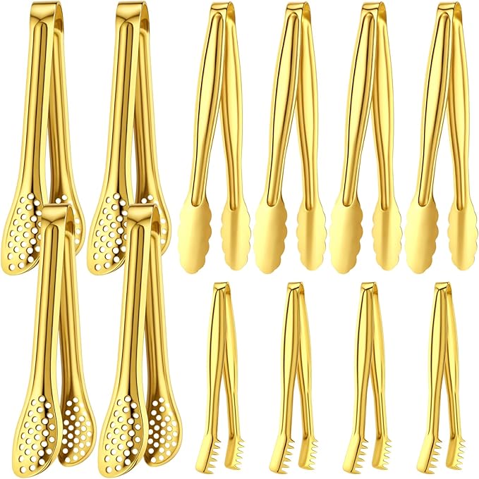CHENGU 12 Pack Stainless Steel Kitchen Tongs 4/6/6 Inches Food Serving Clip Kitchen Cooking Tongs High Heat Resistant Clips for Cooking Non Stick Grill Salad (Gold, Diversity)