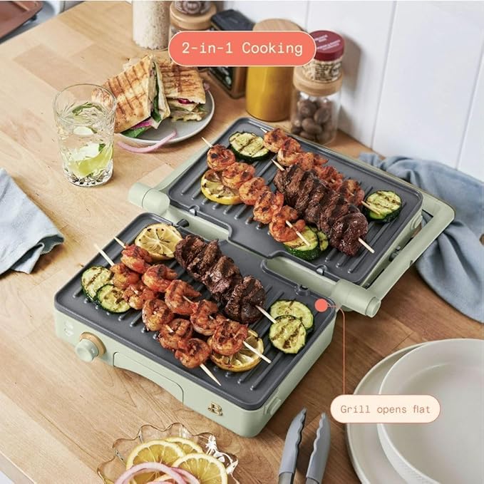 Panini Press Indoor Grill 1 2-in-1200W Non-Stick Removable Plates Sandwich Maker by Drew Barrymoree. (Sage Green)