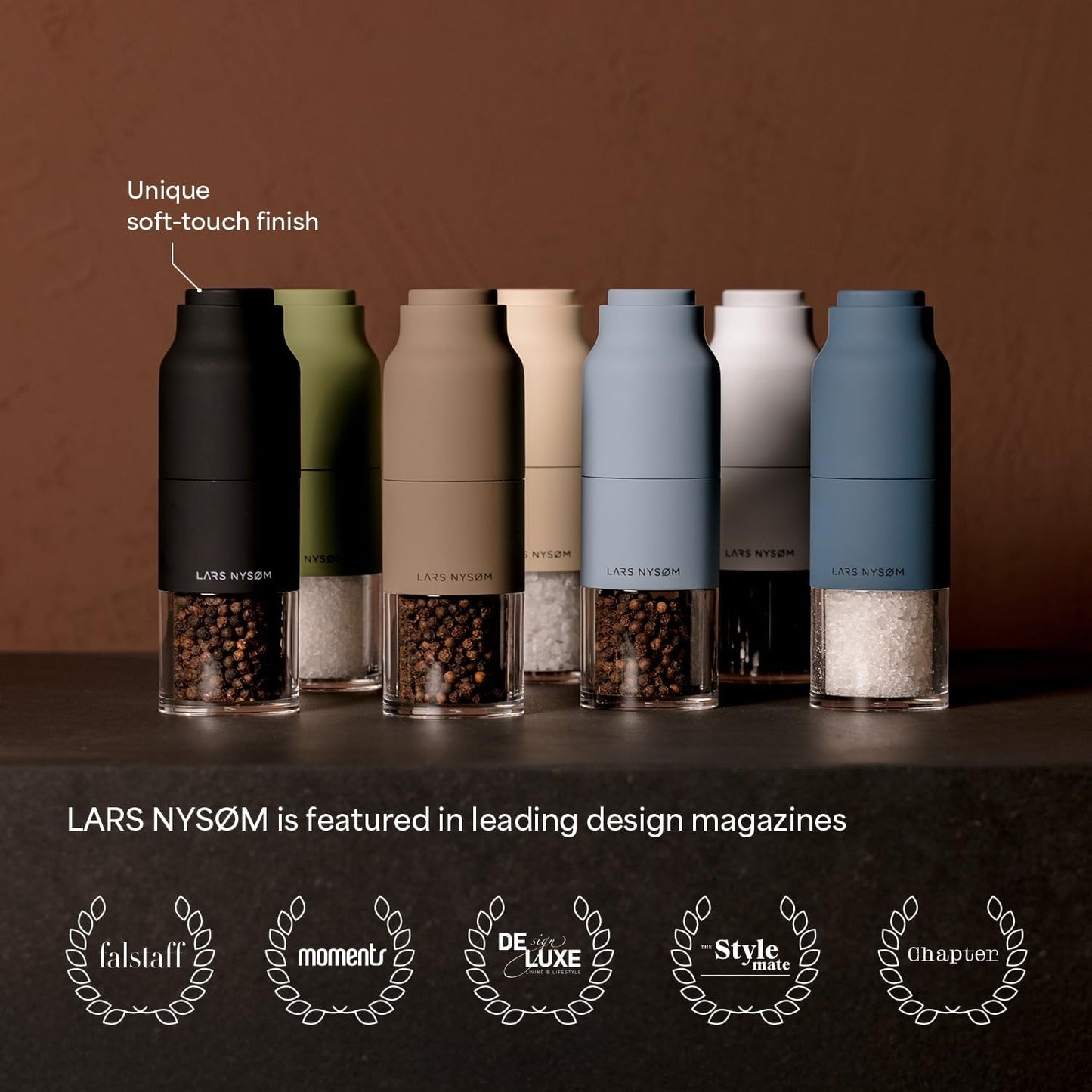 LARS NYSØM Salt and Pepper Grinder Set, Stainless Steel Manual Salt and Pepper Mills, Adjustable Ceramic Grinder, Design Spice Shakers (Carbon Black)
