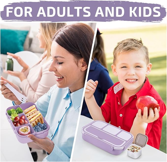 QQKO Bento Box Adult Lunch Box, Lunch Containers for Adults Men Women, Kids Lunch Boxes for School with 4 Compartments, Sauce Container, Utensils and Muffin Cups, Purple
