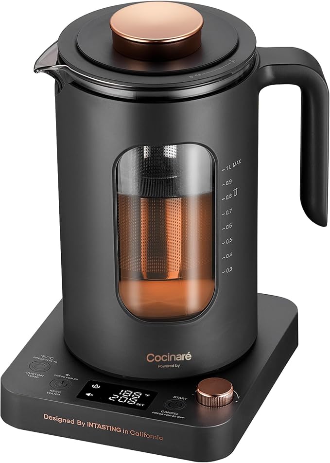 INTASTING Electric Tea Kettle, Electric Kettle with Tea Infuser, ±1℉ Knob Temperature Control, BPA-Free Glass, 1200W Fast Heating, Easy to Clean, 1 Liter (Dark Gray)
