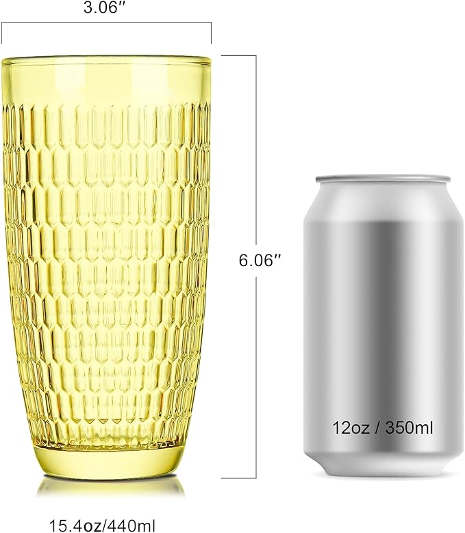 CREATIVELAND Highball Beverage Glasses Set of 6 Romantic Colored Thick & Heavy Base Big Capacity 14.87oz|440ml, Drinking Glass Tumblers for Iced Tea, Water, Soda & Juice and Cocktails (Yellow)