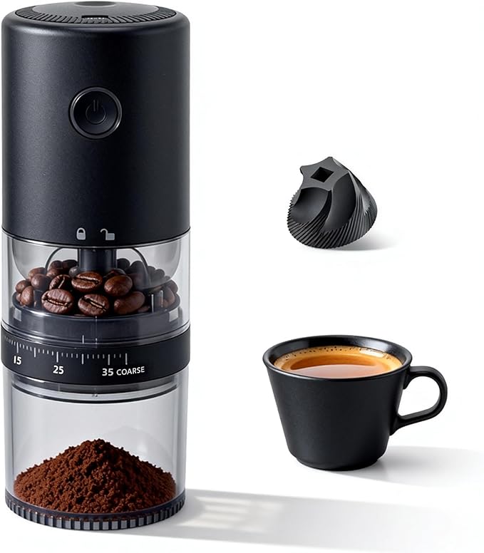 LAMIDO Portable Electric Burr Coffee Grinder - Grind While Charging - Visual Bean Hopper - 38 External Grind Settings - 1.8X Faster Grinding - 2000 mAh Battery for Travel, Camping - Matte Black