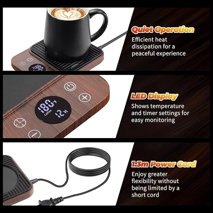 Cup Warmer for Coffee - Fastest Heating & Highest Temperature, Coffee Mug Warmer for Desk Auto Shut Off, 1-12h Timer for Scheduled Start, Electric Beverage Warmer for Coffee (Woodgrain, NO Cup)
