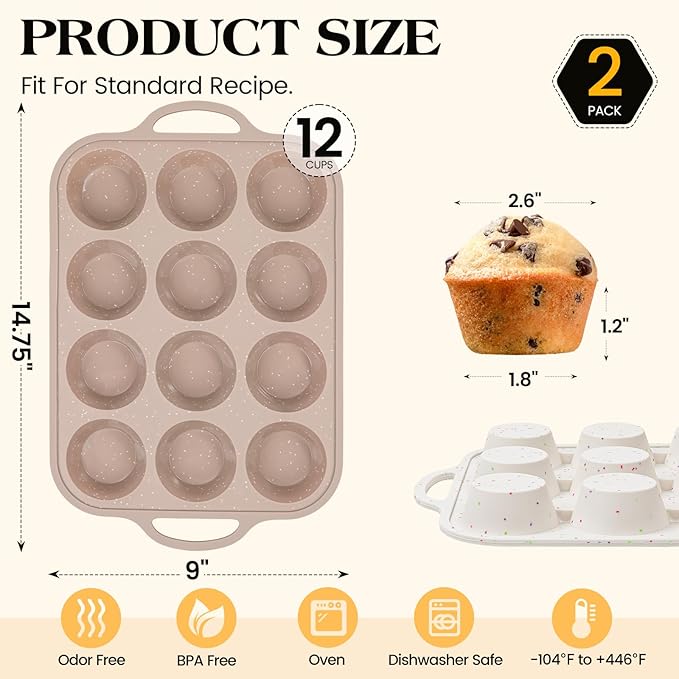 Vinino 2Pack Silicone Muffin Pans for Baking with Metal Reinforced Frame, 12 Cups Regular Size Nonstick Silicone Cupcake Pan, BPA Free Oven Dishwasher Safe Baking Mold for Muffins Cupcakes