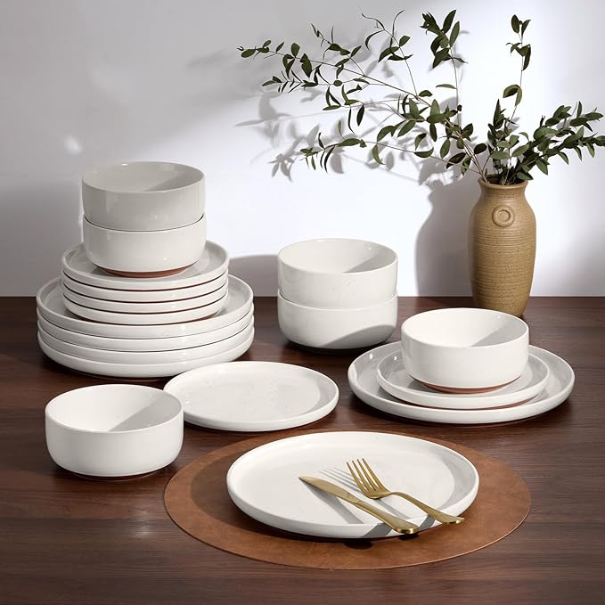 E-far 18-Piece Stoneware Dinnerware Sets, Plates and Bowls Sets for 6, Ceramic Dishware Dishes Set with Terracotta Base, Chip & Scratch Resistant, Microwave & Dishwasher Safe, Speckled White