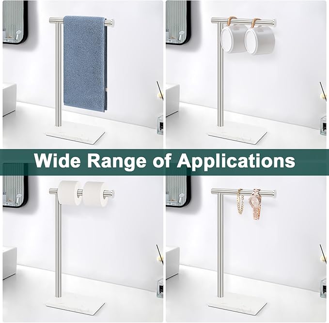 Hand Towel Holder, Hand Towel Stand for Bathroom with Marble Base, 304 Stainless Steel L Shape Hand Towel Rack Bar Standing for Vanity Kitchen Countertop, Brushed Nickel