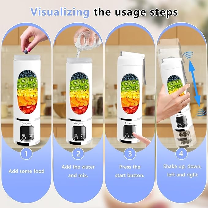 Portable 16oz Cordless Blender, USB Rechargeable Personal Smoothie Maker Cup, High Speed Compact Mixer for Ice, Fruit & Protein Shakes, Travel Friendly Bottle with Drinking Lid, Easy Clean
