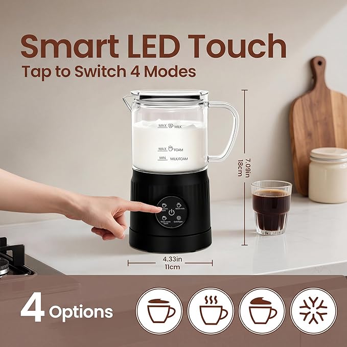 Casimhu 4-in-1 Milk Frother, Electric Milk Frother and Steamer with LED Touch Screen, Non-stick Bottom, Milk Warmer 13.52oz for Lattes, Cappuccinos, and Macchiatos at Home, Black