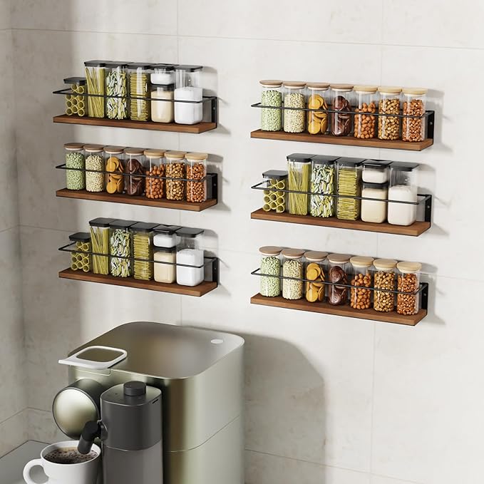 Spice Rack Self-Adhesive or drilling, Rustic Style Hanging Spice Rack, Spice Organization for Cabinet Door or Wall Mount, Over The Stove, Kitchen Wall, 6-Pack