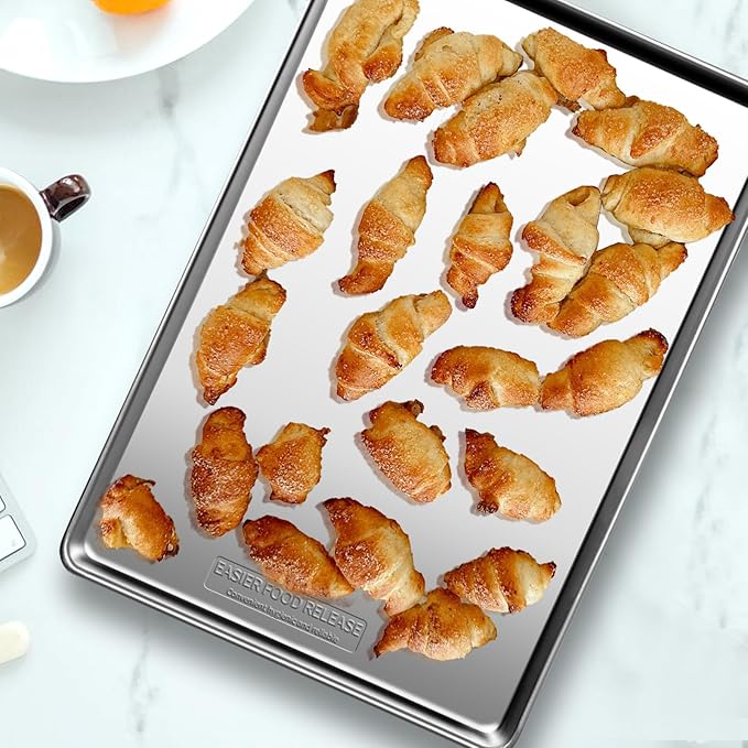Commercial Quality Baking Sheet Pan Set, Natural Stainless Steel Cookie Sheet, Warp Resistant Nonstick Baker's Half Sheet Pan, Large Thick Cookie Tray Pans for Baking, Roasting(2 Pack, 20X14Inch)