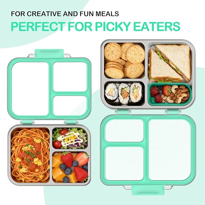 BABHAMNESS Stainless Steel Bento Lunch Box for Kids Adults, 3 Compartments Metal Bento Box with Transparent Lid & Silicone Container for Kids,Dishwasher-Safe,School & Travel,BPA-Free(Blue)