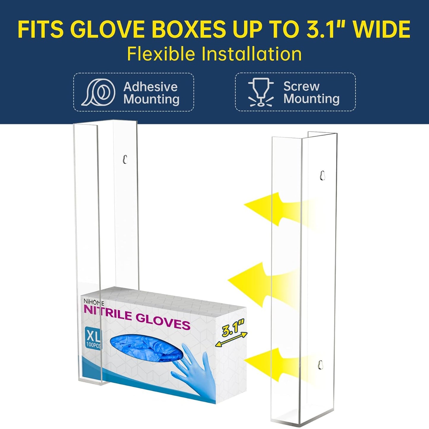 NiHome Multi-Tier Clear Acrylic Wall Mount Glove Box Holder Tissue Box Dispenser for Kitchen, Bathroom, Garage, Lab, Salon, Space-Saving Adjustable Organizer for Gloves, Tissues, Baby Wipes (3-Tier)