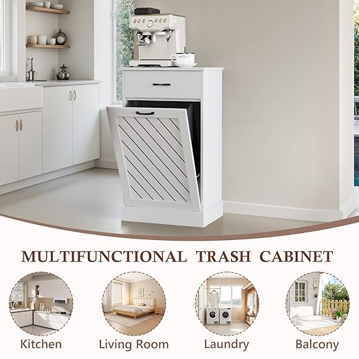 Tilt-Out Trash Can Cabinet, 13 Gallons Hidden Garbage, Hidden Kitchen Trash Cabinet with Storage Drawer, Pet-Proof Wooden Garbage & Recycling Cabinet for Kitchen, Laundry & Living Room, White