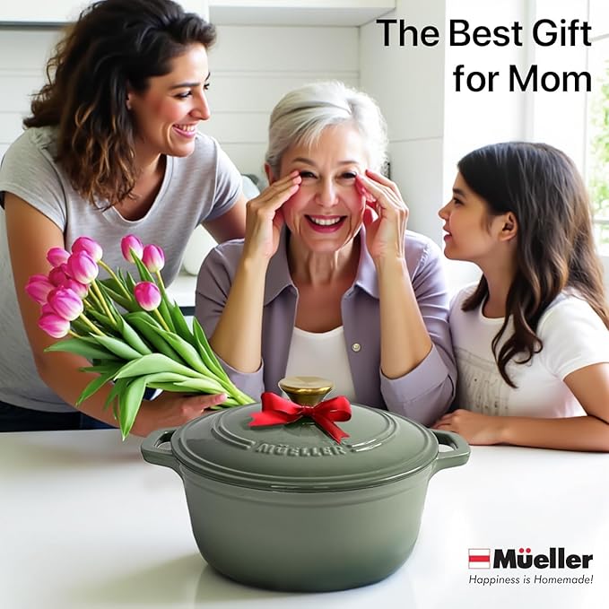 MUELLER HOME 4.5 Quart Enameled Cast Iron Dutch Oven For Sourdough Bread Baking, Heavy-Duty, Oven-Safe up to 500° F & Across All Cooktops, Casserole Dishes, Green Kitchen Accessories, Thyme Green