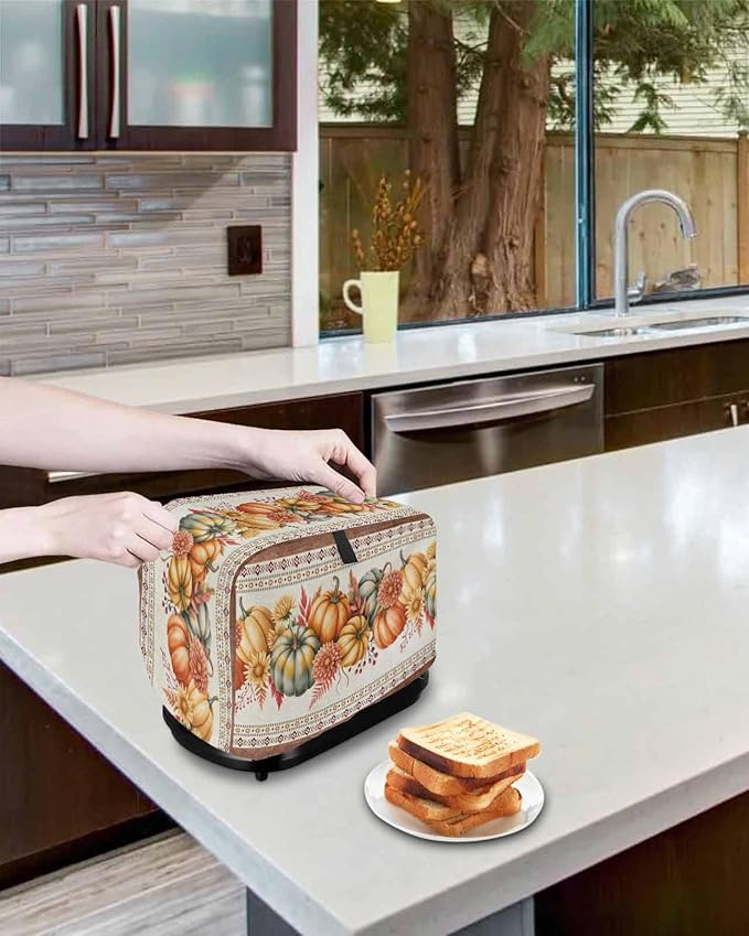 Orange Pumpkins Fall Toaster Cover 2 Slice, Thanksgiving Southwestern Floral Dustproof Bakeware Oven Protector with Top Hook, Autumn Waterproof Small Kitchen Appliance Toasters Dust Cover, 12"x7.5"x8"