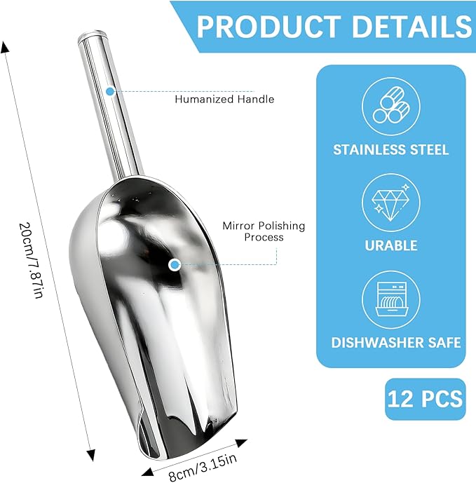 12 Pcs Premium Ice Scoop for Freezer, Multipurpose Metal Ice Scoop for Ice Machine - Stainless Steel Small Ice Scooper for Ice Bucket - Kitchen Gadgets Cookie Flour Pet Dog Food Scoop