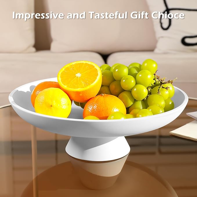 Large Decorative Bowl for Home Decor, Large Fruit Bowl for Kitchen Counter, Key Bowl for Entryway Table (White, Pedestal)