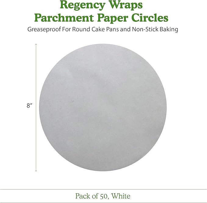 Regency Wraps Parchment Paper Circles For Round Cake Pans, Greaseproof Liners for Non-Stick Baking, 8" (Pack of 50), White