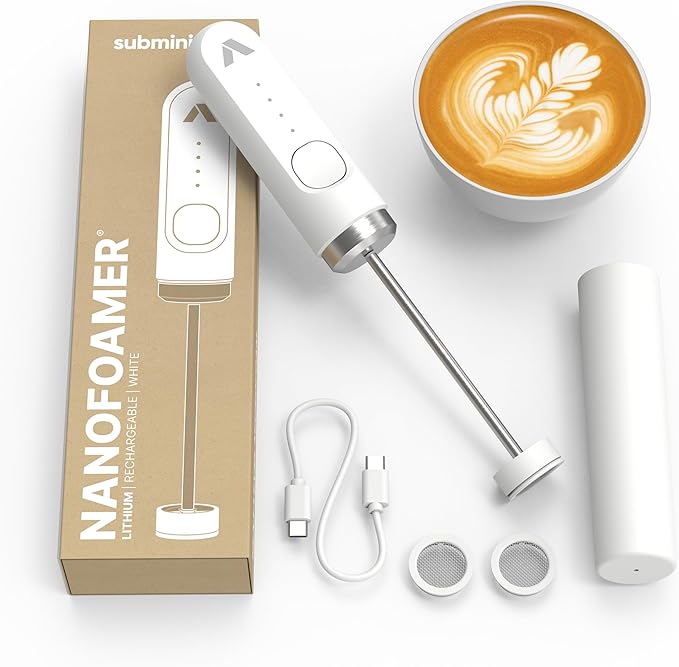 Subminimal Performance Milk Foamer - NanoFoamer Lithium Handheld Frother - Rechargeable, Dual-Speed - Microfoamed Milk in 30sec, Barista-Style Coffee Drinks at Home - White Special Edition