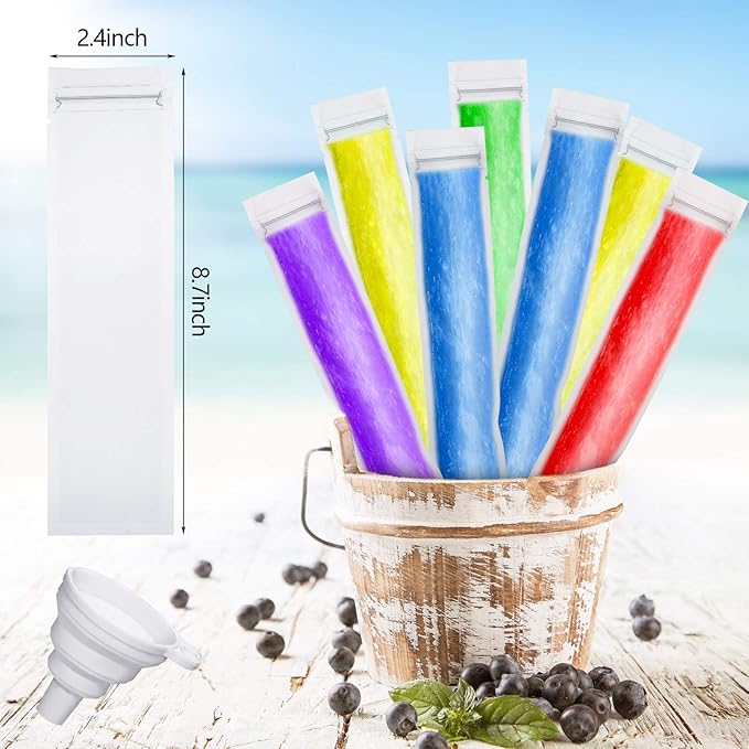 Shappy 450 Pcs Disposable Ice Pop Mold Bags with 3 Silicone Funnels Freezer Tubes with Zipper Seals DIY Ice Pop Bags Bulk for Yogurt Healthy Snacks Juice Fruit Smoothies(8.7 x 2.4 Inch)