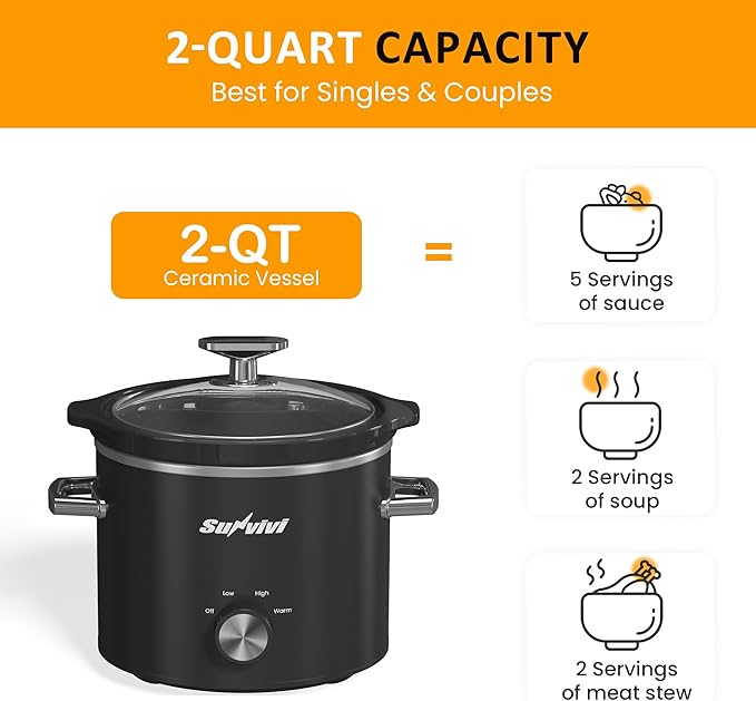 Sunvivi 2 Quart Slow Cooker, Small Slow Cooker with Removable Ceramic Pot, Food Warmer with 3 Heating Settings & Dishwasher Safe Glass Lid, Black