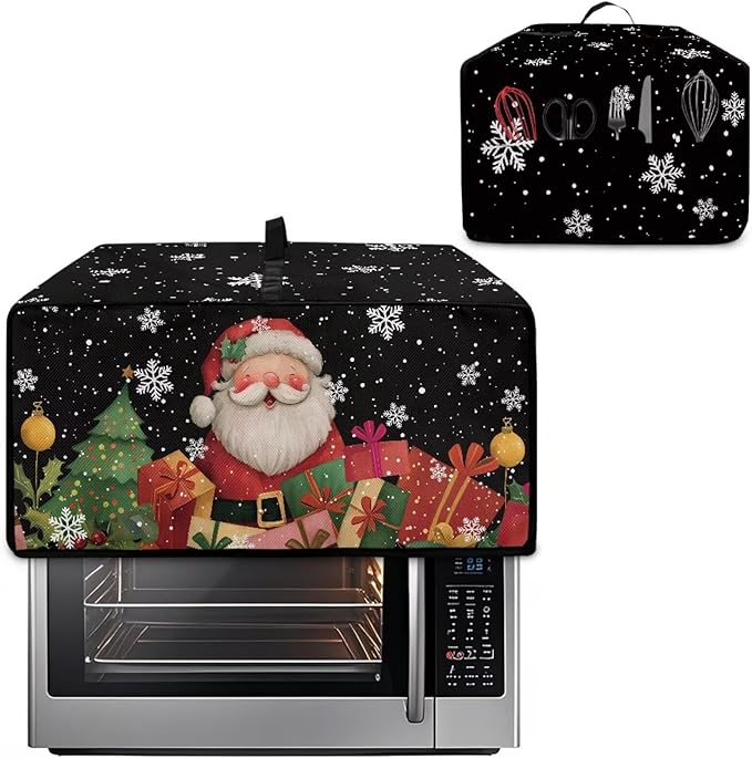 Toaster Oven Cover Dust-Proof Countertop Convection Oven Cover Protective Smart Microwave Oven Accessories and Decor, M, Santa Claus Snowflake Black Christmas Decor