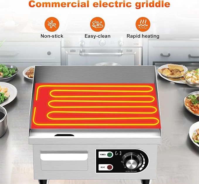 14’’ Commercial Electric Griddle - Electric Cast Iron Griddle w/Stainless Steel Material and Non-Stick, 110V Commercial Griddle w/ 1/2" Thick Iron Cooking Plate for Indoor and Restaurant