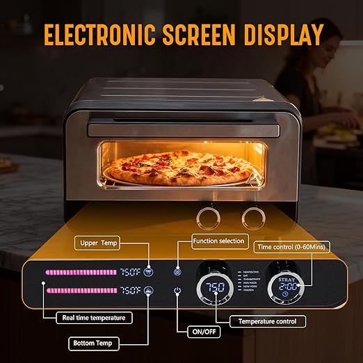 OLIXIS Pizza Oven Indoor, 1600W Electric Pizza Oven Fast Heating, 6 Presets Pizza Maker for 12 Inches, with Pizza Stone & Spatula, Upper-Bottom Independent Heating Temperature Control