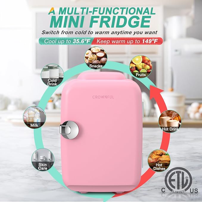 CROWNFUL Mini Fridge, 4 Liter/6 Can Portable Cooler and Warmer Personal Refrigerator for Skin Care, Cosmetics, Beverage, Food,Great for Bedroom, Office, Car, Dorm, ETL Listed (Pink)