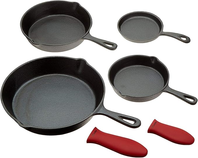 Crucible Cookware Cast Iron Skillets, Set Of 4 (Pre-seasoned) 10 Inch - 5.1 Inch, Including Large & Small Silicone Hot Handle Holders | Indoor & Outdoor Use