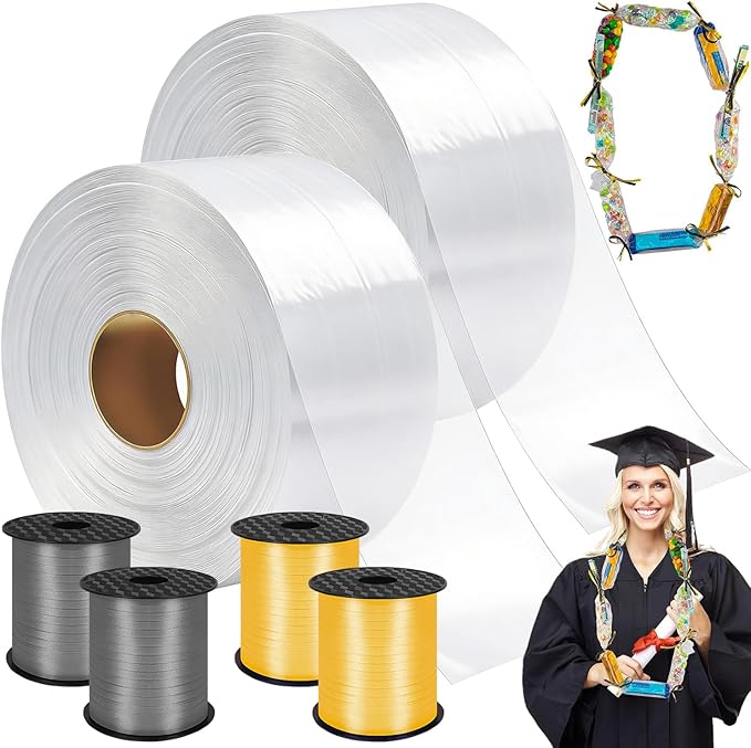 Candy Lei Poly Tubing, 3 Inch x 1000 ft Clear Graduation Candy Lei Making Kit with 4 Rolls 250 yd Ribbon, Clear Shipping Poly Tubing for DIY Graduation Wreaths Packing Snacks