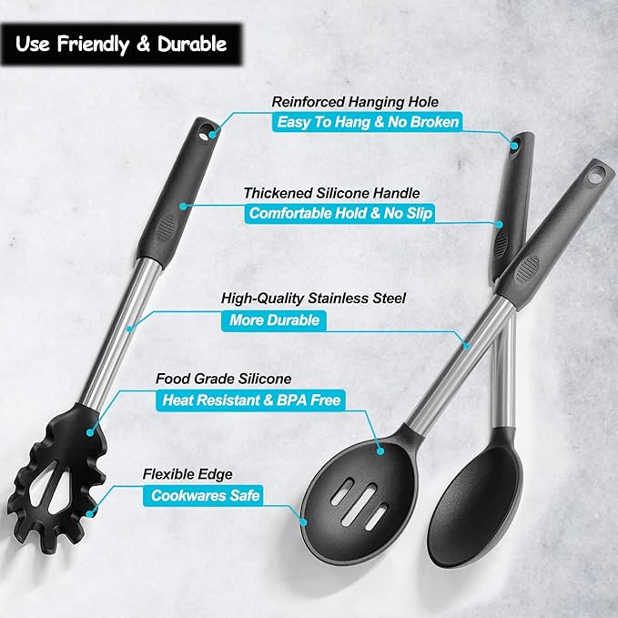 Silicone Spatula and Cooking Spoon,5 Pack Non-Stick Cooking Utensils for Kitchen，Heat Resistant Solid & Slotted Spoons and Spatulas, Stainless Steel Handle Coated with Silicone,Black