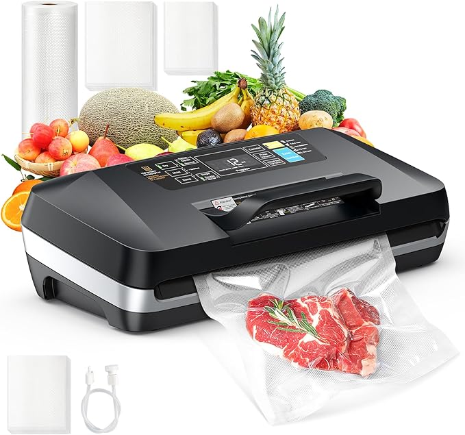 95kpa Vacuum Sealer Machine,Commercial Full Automatic Food Sealer,Powerful Sealing System with Double Heat Seal,Built-in Cutter&Bags Storage,1 Bag Rolls and 10 pcs Pre-cut Bags