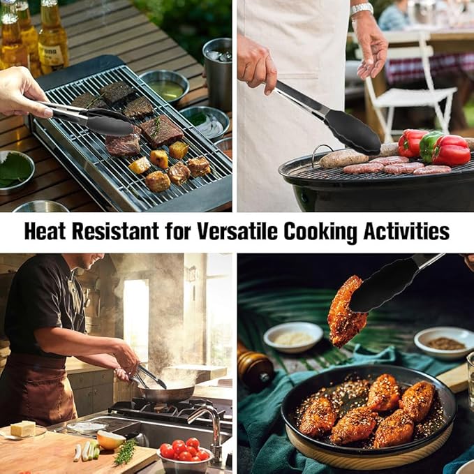 Kitchen Tongs 9'' and 12'' Tongs for Cooking 2 Pcs Black Silicone Tongs Stainless Steel Locking Food Tongs with Silicone Tips Heat Resistant Serving Tong for BBQ Food Grilling Salad Kitchen Utensils