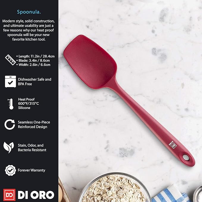 DI ORO Silicone Spoon Spatula - 600°F Heat-Resistant Large Silicone Spoonula Scraper - BPA Free Nonstick Cookware Safe Rubber Kitchen Utensil for Baking, Cooking, & Mixing - Dishwasher Safe (Red)