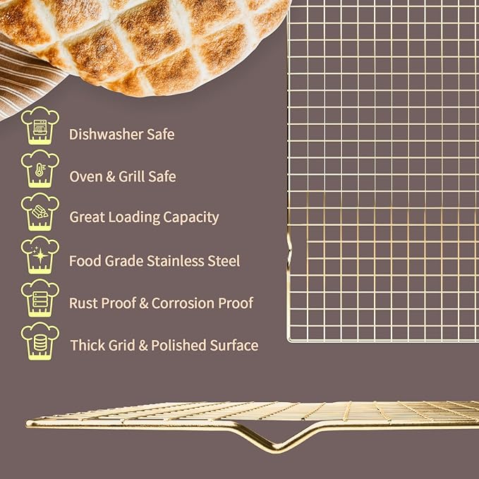 Cooling Rack for Baking, 2-Pack 16x10 Inches Baking Rack, Thick Wire Cookie Rack for Cooking, Roasting, Grilling, Drying, Oven Safe, Fits Half Sheet Pan, Gold
