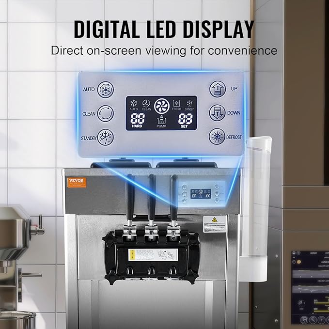 VEVOR 1850W Commercial Soft Ice Cream Machine 3 Flavors 5.5 to 8.2Gallon per Hour PreCooling at Night Auto Clean LCDPanel for Restaurants Snack Bar, Sliver