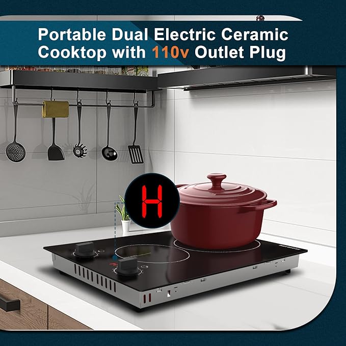 Karinear 110v Electric Cooktop 2 Burners, 12'' Electric Stove Top with Plug in, Knob Control Countertop & Built-in Ceramic Cooktop, 9 Heating Level, Hot Warning, Over-Temperature Protection