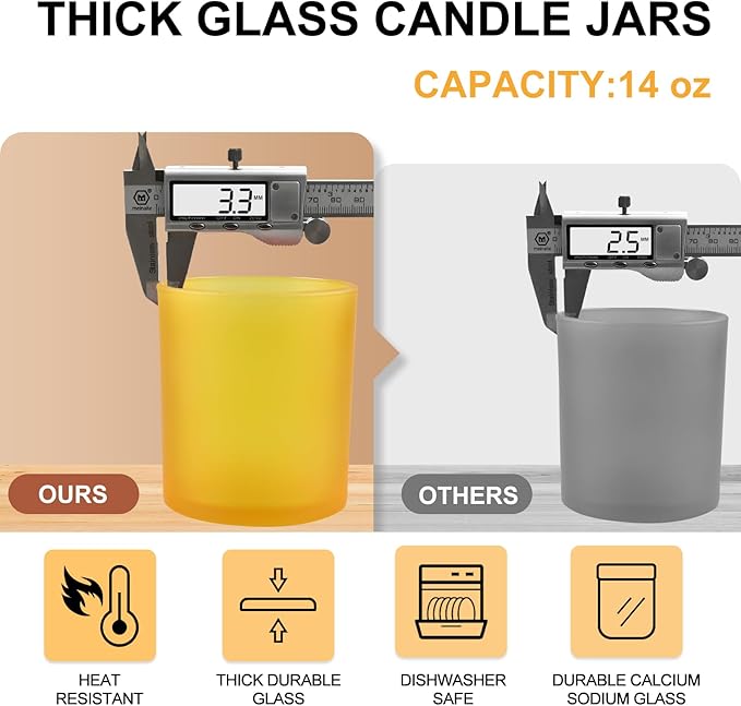SHOWIN 14 OZ Thick Candle Jars for Making Candles 12 Pcs, 3 Wick Empty Jars with Wood Lids for Candle Making, Sample Container, Frosted Yellow