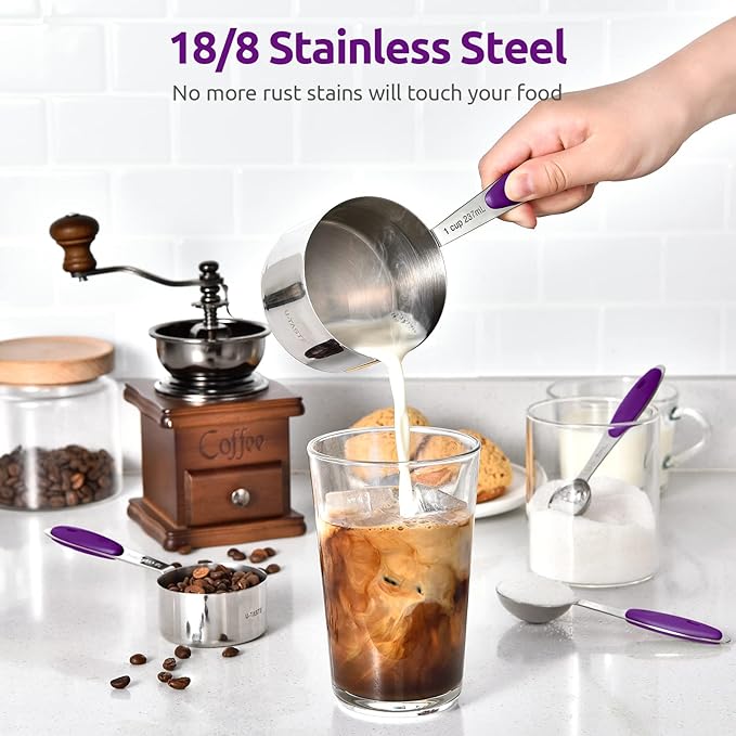 Measuring Cups and Spoons Set: U-Taste 18/8 Stainless Steel 10 Pieces Metal Stacking Kitchen Baking Cooking Food Measure Set 5 Cups 5 Spoons with Strengthened Weld Joints (Purple, Upgraded Version)